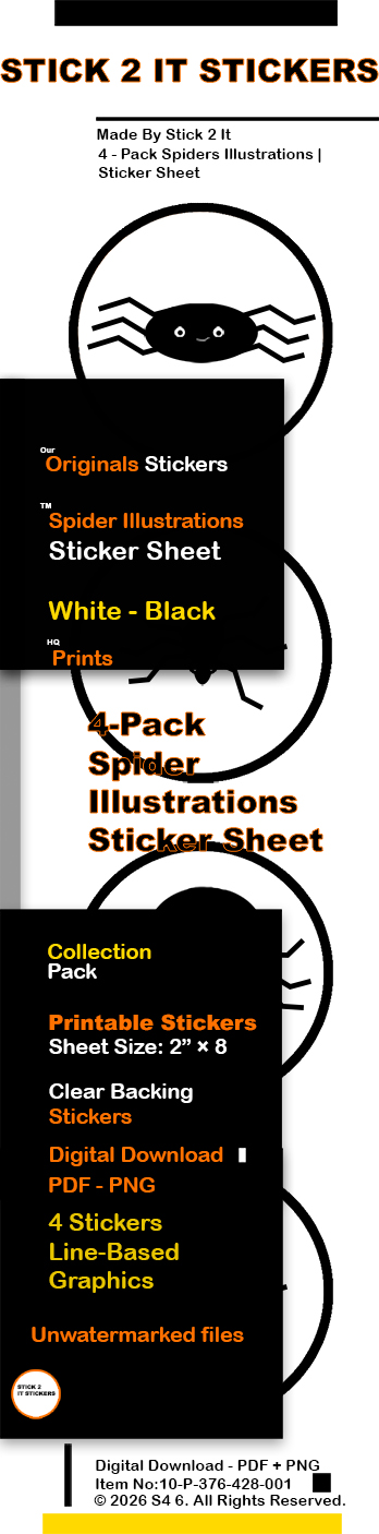 Printable Spider Stickers featuring 4 Original Black & White Spider Illustrations | Instant Download | S2IS