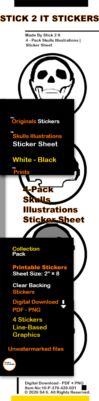 Skull Sticker Pack with 4 Original Black‑and‑White Printable Digital Designs | S2IS